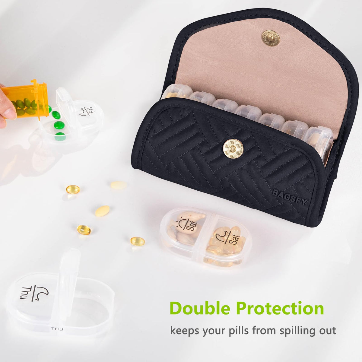 BAGSFY AM PM medicine box opened revealing seven individual transparent daily pill containers