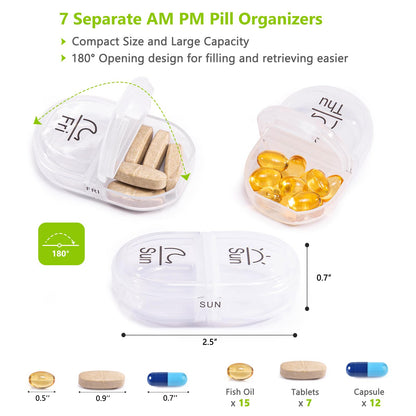 BAGSFY portable travel case holding large fish oil capsules and vitamin pills inside a daily slot
