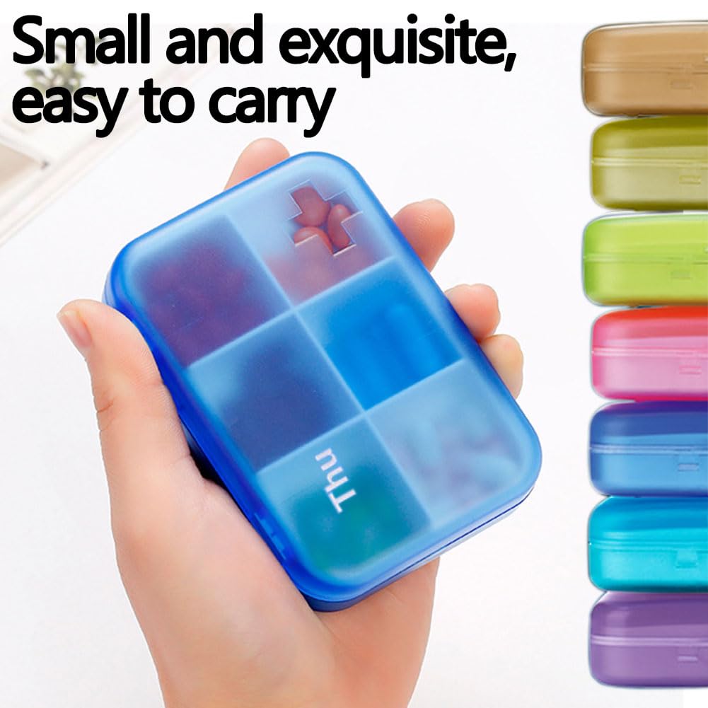 Selectopia rainbow colored 7 day pill dispenser being placed inside a travel backpack for portable medication tracking