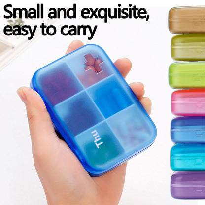 Selectopia rainbow colored 7 day pill dispenser being placed inside a travel backpack for portable medication tracking