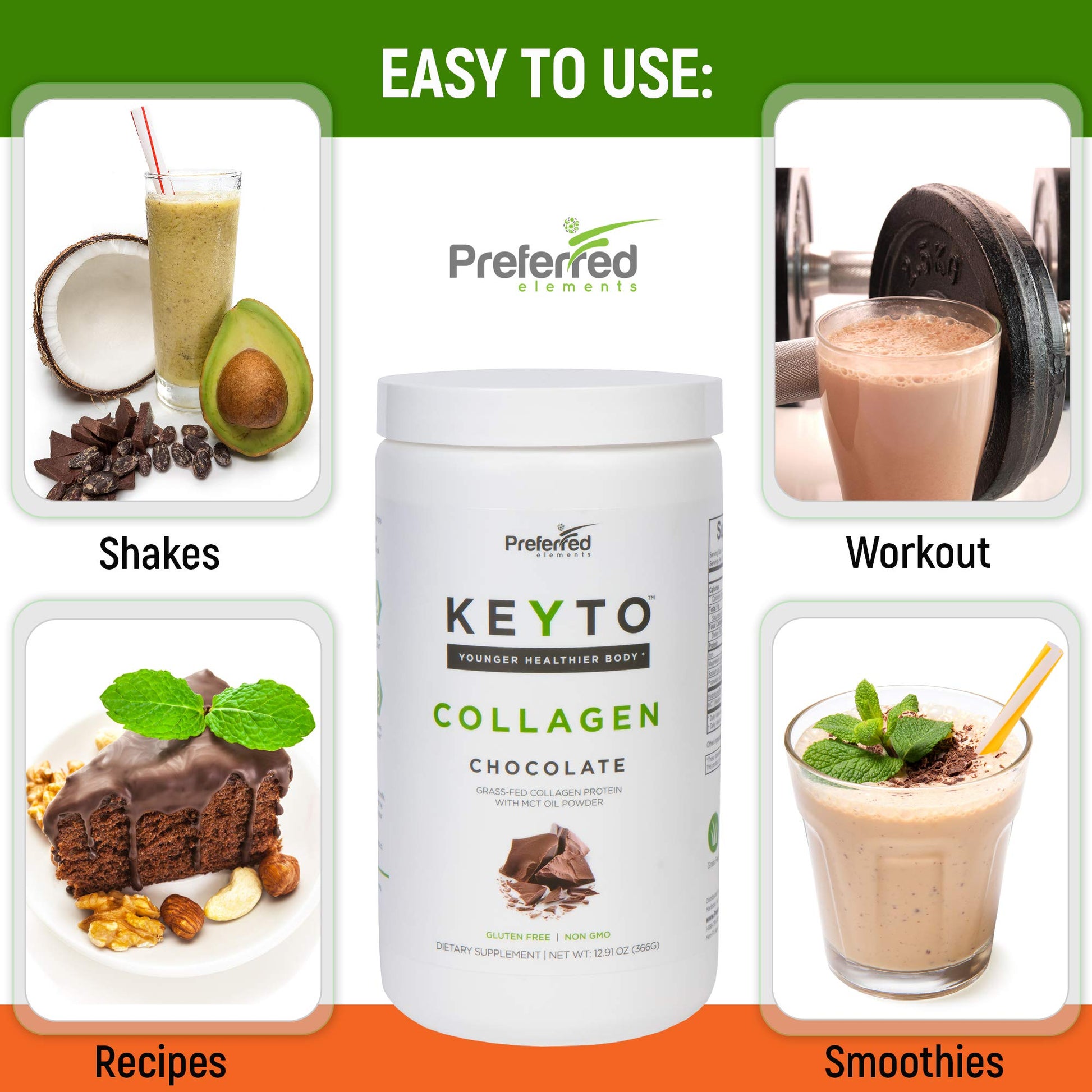 Preferred Elements authentic USA imported keto collagen protein powder packaging graphic detailing electrolyte balance.
