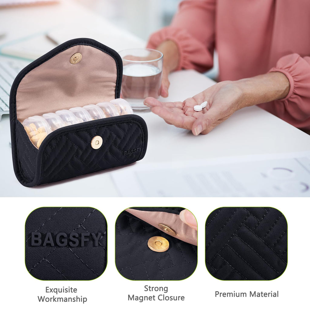 BAGSFY compact medication storage bag being placed inside a women's leather handbag for travel
