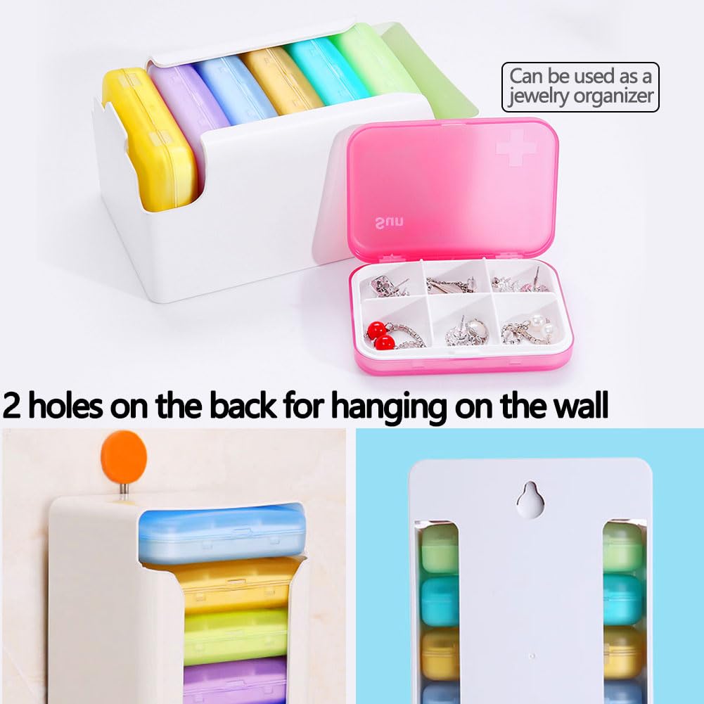 Complete multi colored medicine box set layout showcasing the forty two individual time slots for daily dosage tracking