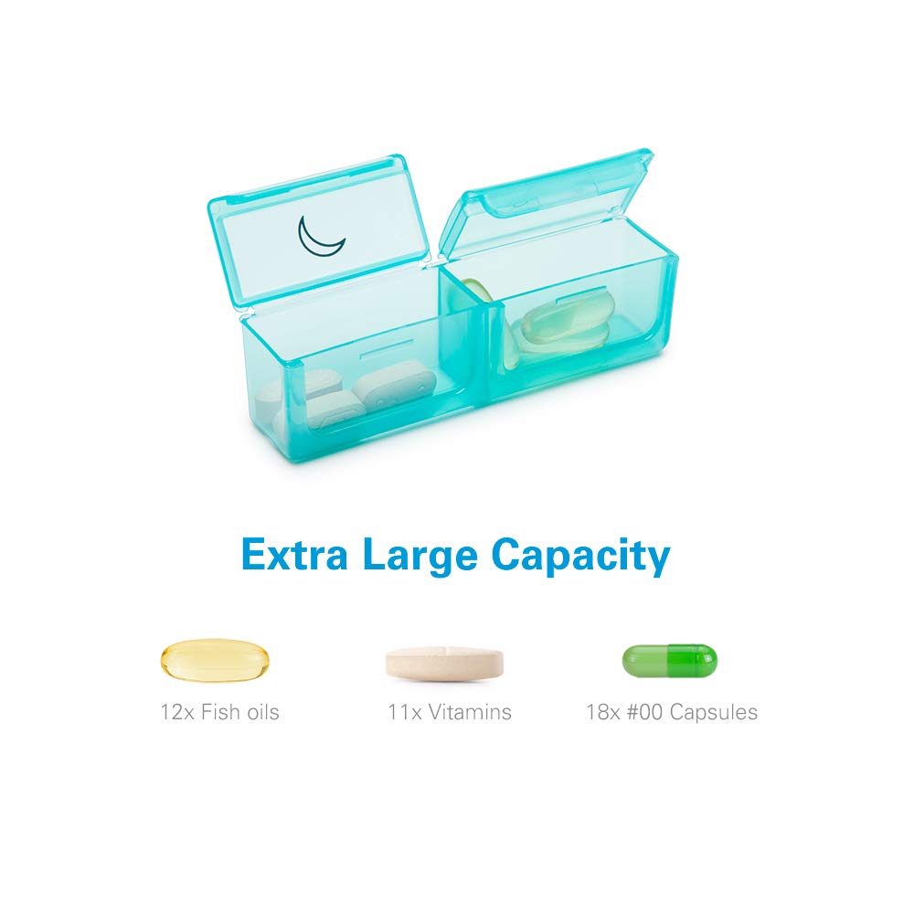 BUG HULL 7 Day Pill Case top view displaying clearly marked morning and night labels on clear lids