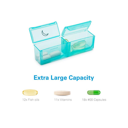 BUG HULL 7 Day Pill Case top view displaying clearly marked morning and night labels on clear lids