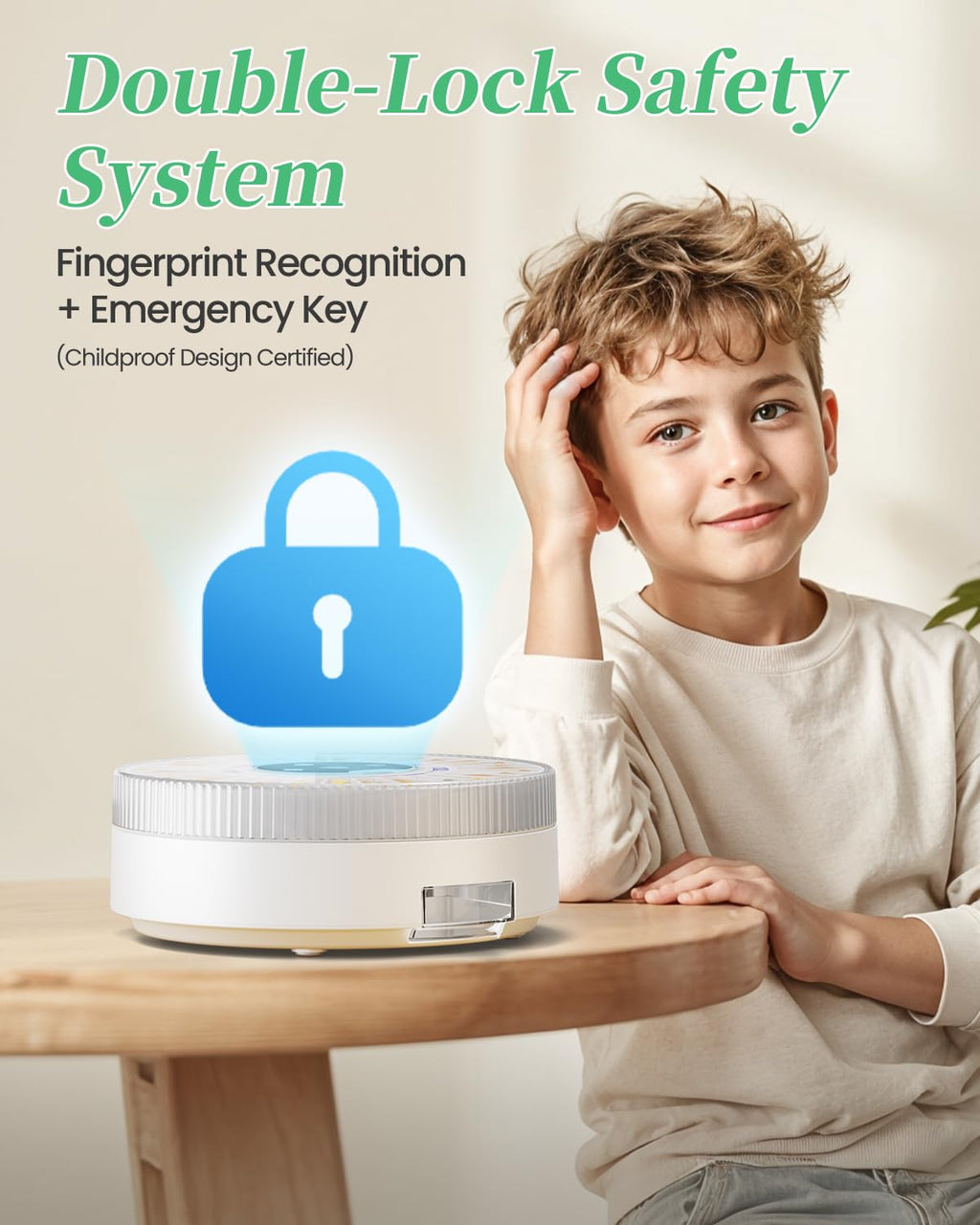 Colorwing automatic medication organizer close up on biometric fingerprint scanner and mechanical lock mechanism.