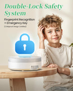 Colorwing automatic medication organizer close up on biometric fingerprint scanner and mechanical lock mechanism.