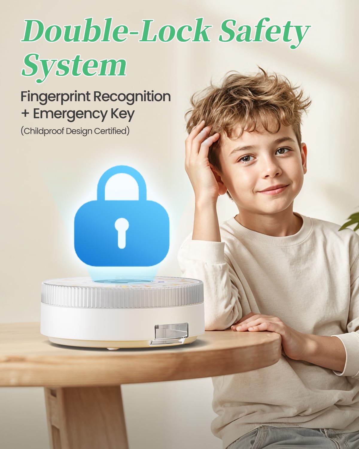 Colorwing automatic medication organizer close up on biometric fingerprint scanner and mechanical lock mechanism.