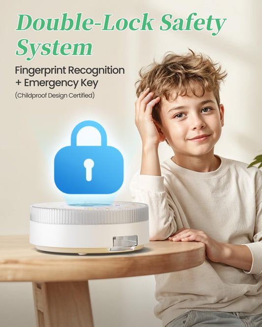 Colorwing automatic medication organizer close up on biometric fingerprint scanner and mechanical lock mechanism.