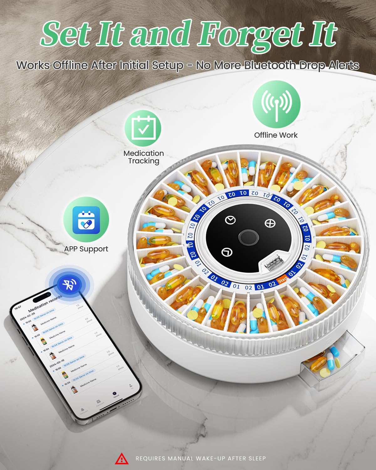 Colorwing smart medical dispenser showcasing the interchangeable dosage rings and digital time display interface.