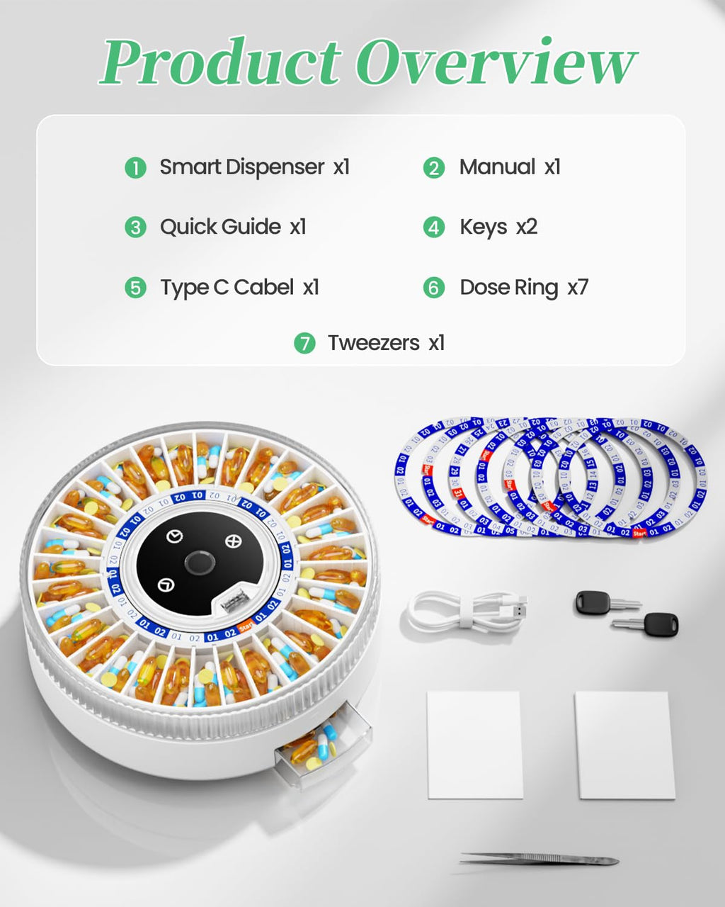 Colorwing monthly medicine dispenser packaging with the included backup keys and user setup manual accessories.