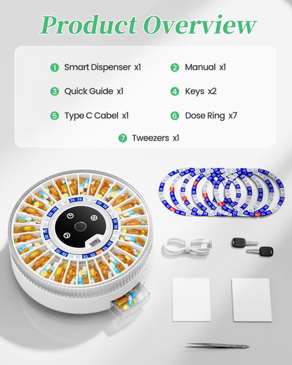 Colorwing monthly medicine dispenser packaging with the included backup keys and user setup manual accessories.