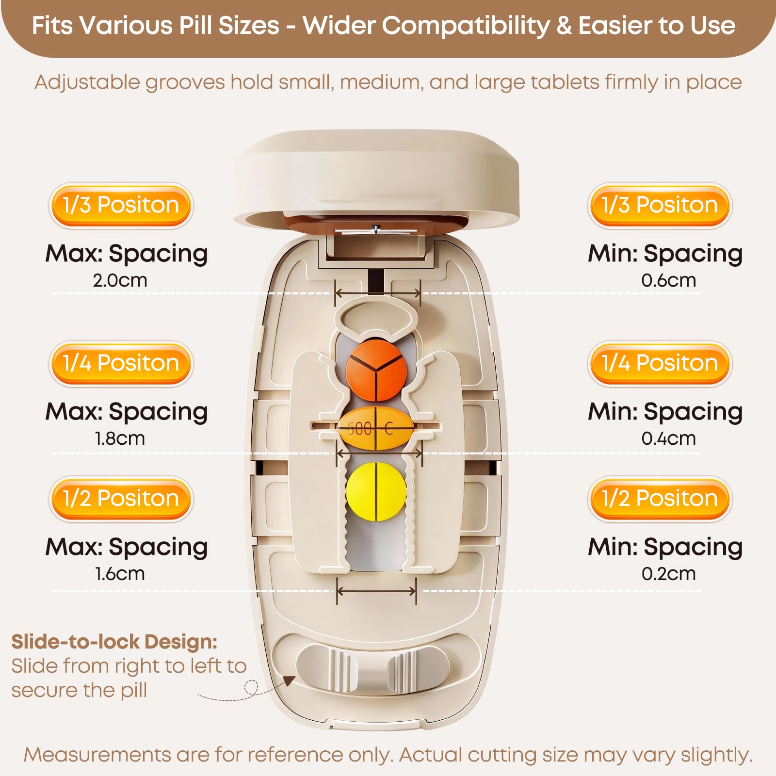 Adjustable V shaped slot holding small and large vitamins securely