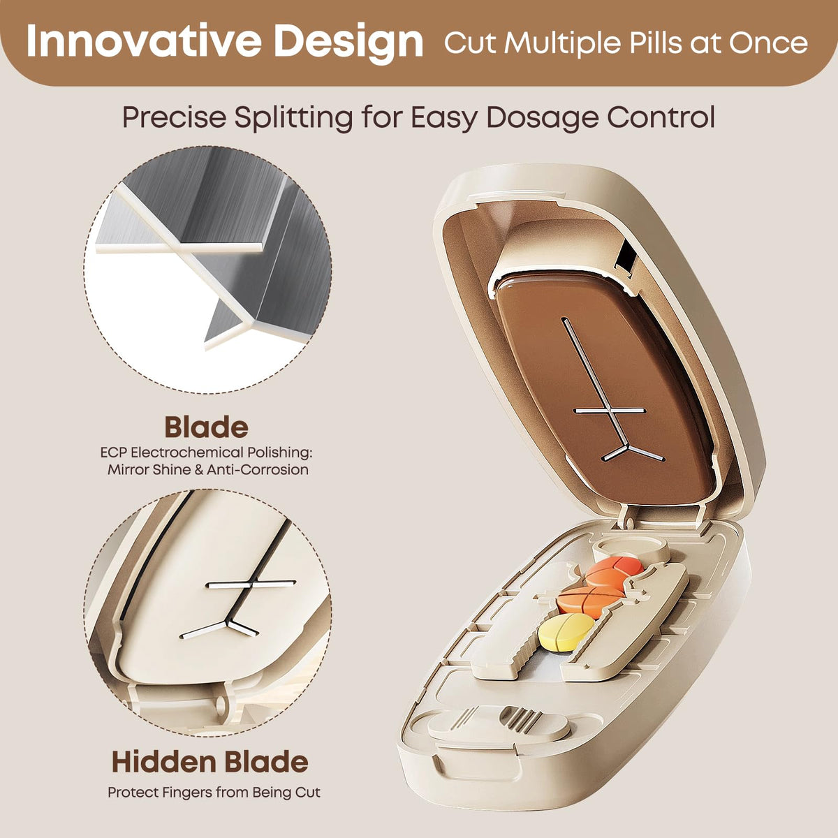 Compact portable pill cutter storage compartment for travel use