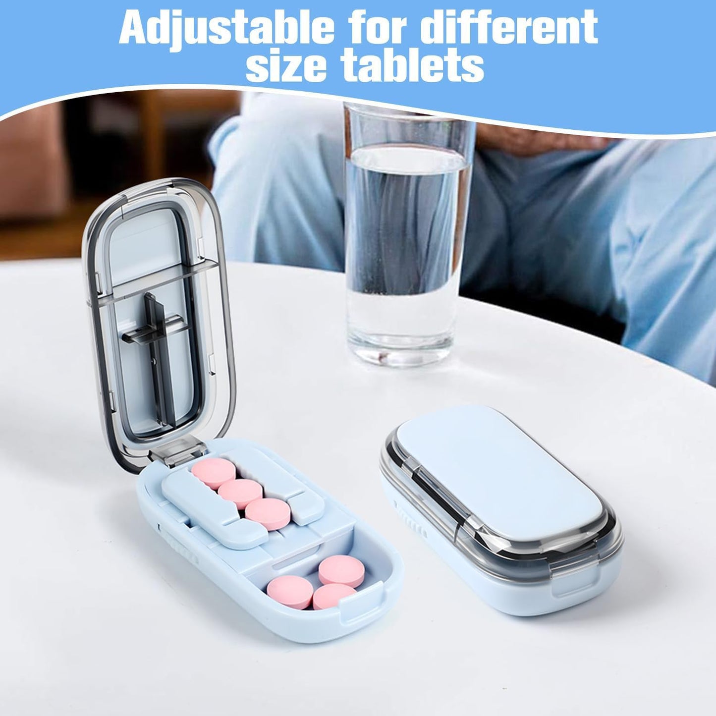 Rexibuz portable medicine splitter showcasing the adjustable guide bars for different tablet sizes