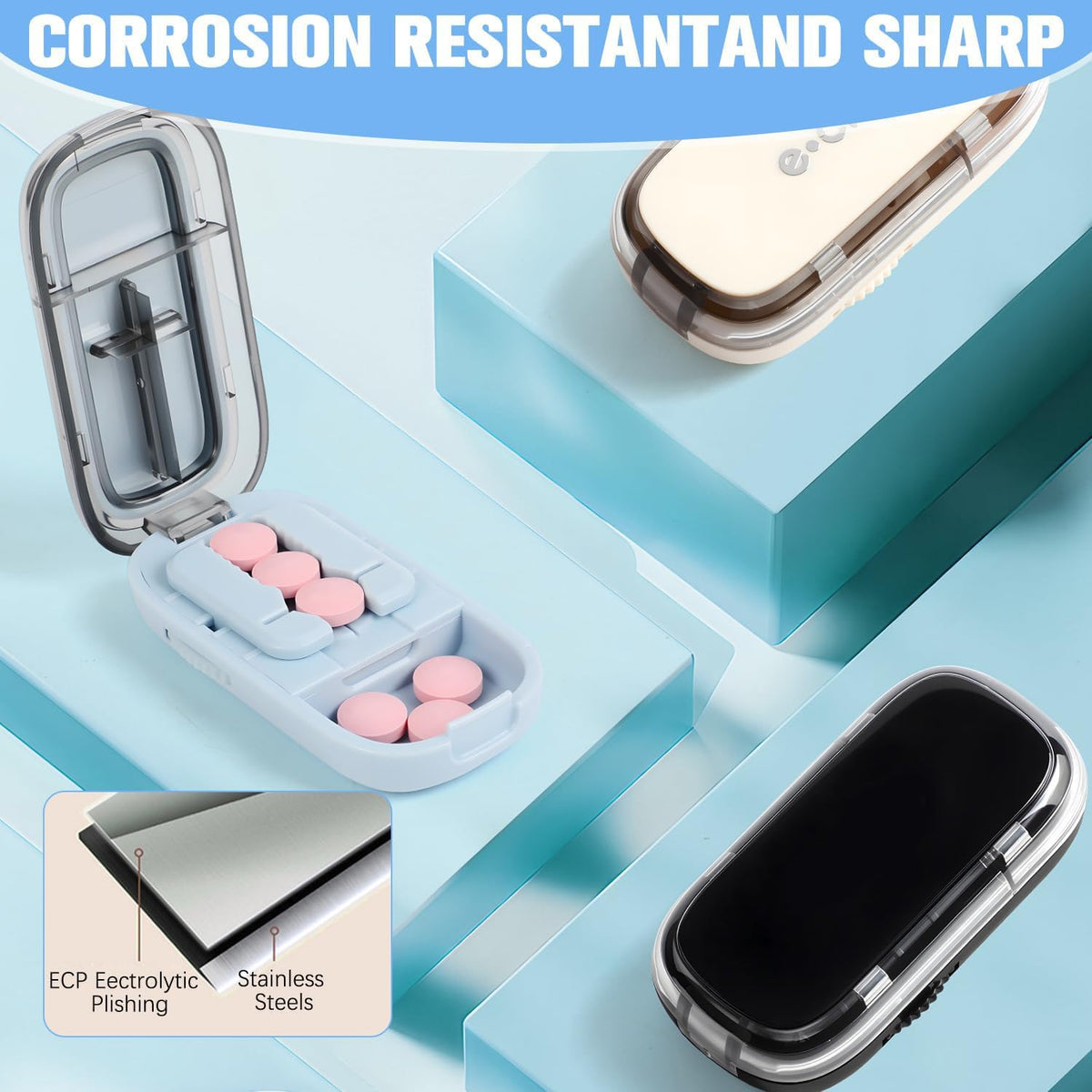 Rexibuz blue medical pill splitter open view displaying the internal storage compartment