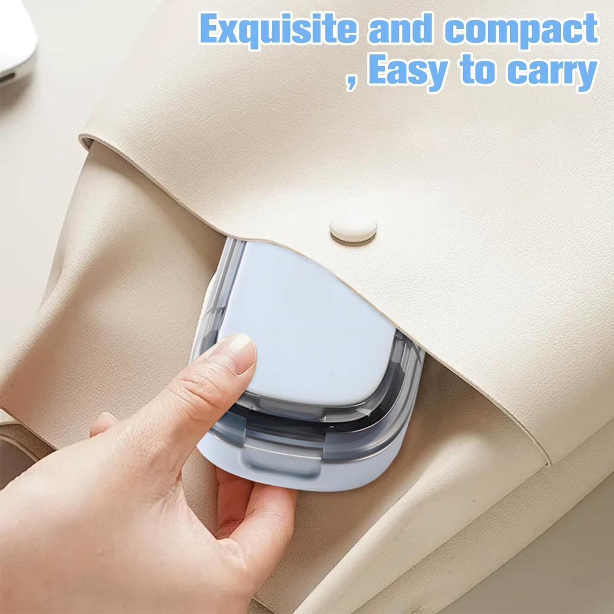 Rexibuz pill cutter demonstrating one handed top down pressing motion for clean tablet splitting