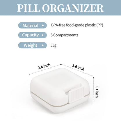 Open travel pill case showing five transparent storage compartments for vitamins