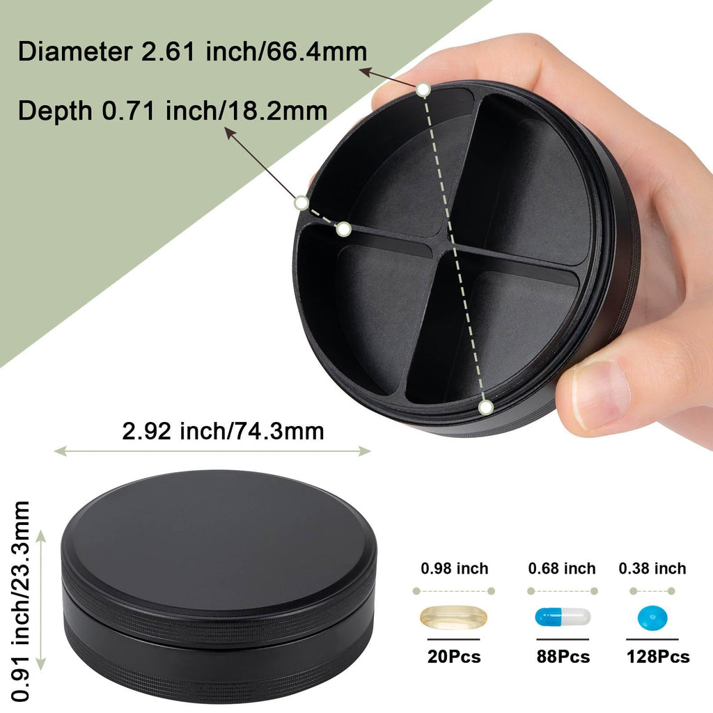 Compact black medicine container being placed inside a woman's travel purse