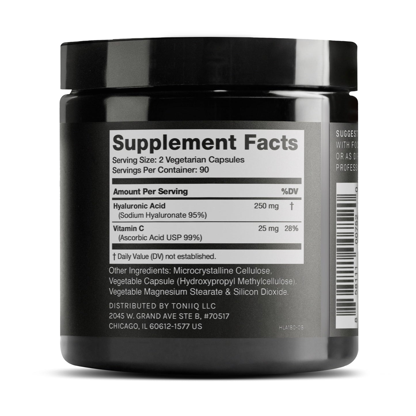 Toniiq Hyaluronic Acid 180 Vegan Capsules Supplement Facts