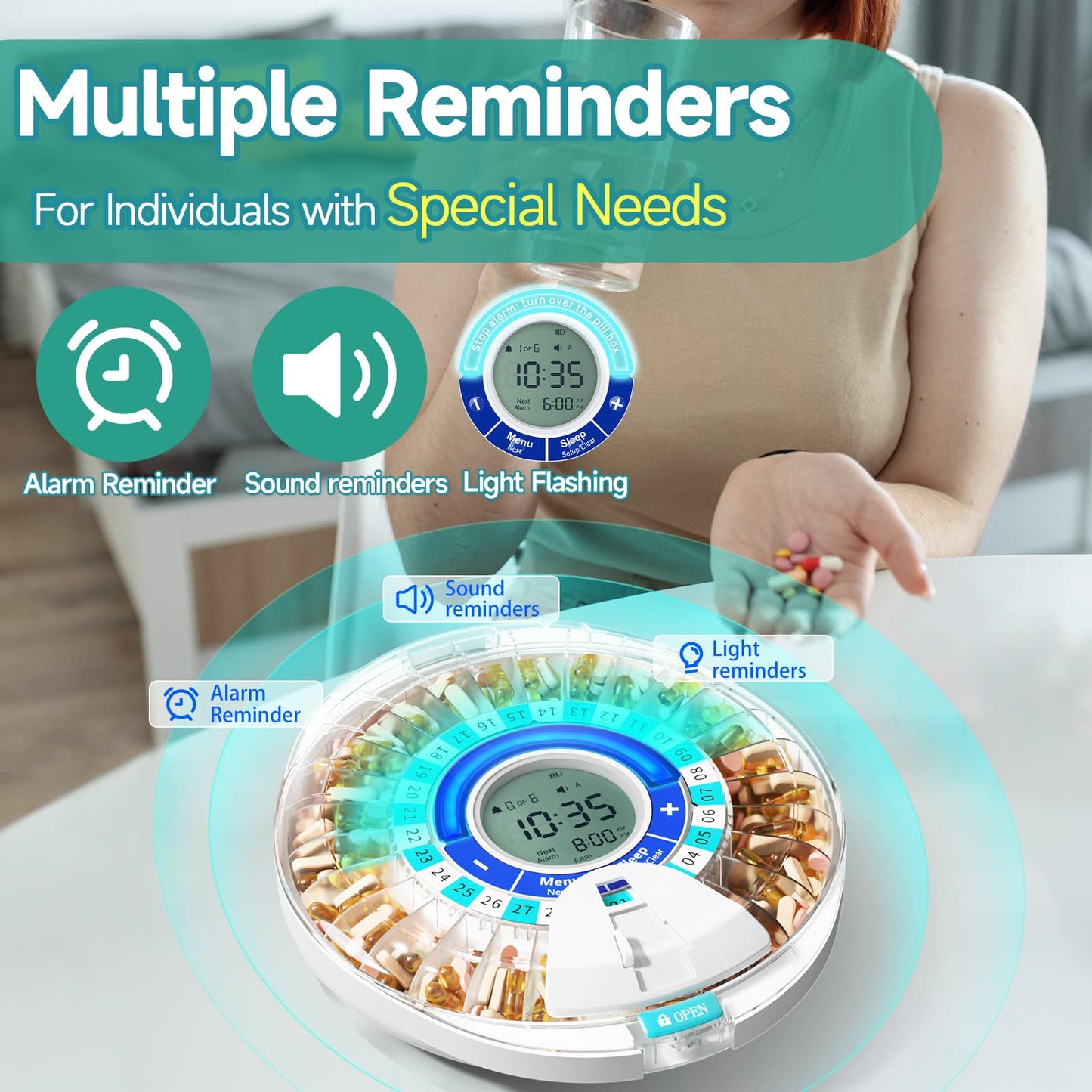 Windtrace electronic monthly medication organizer with twenty eight internal compartment tray visible