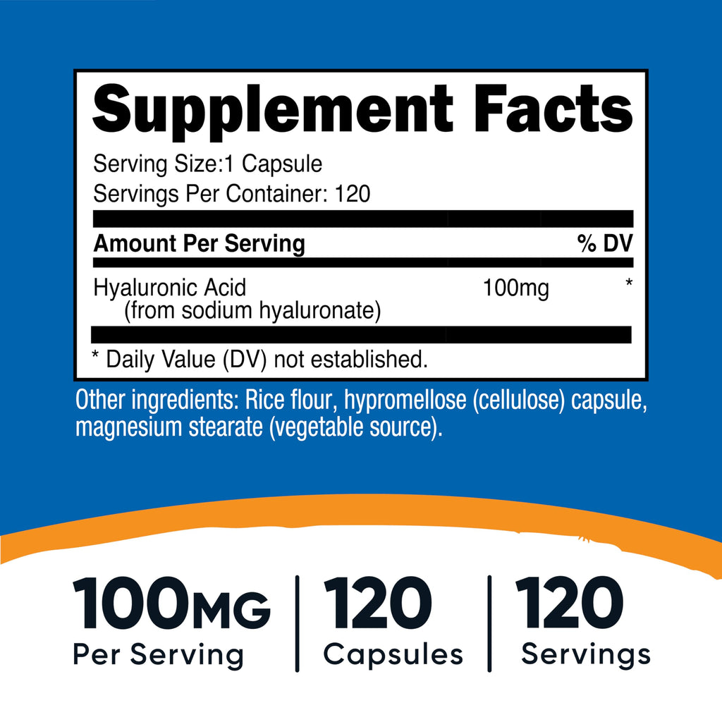 Nutricost Hyaluronic Acid supplement bottle back label with ingredients and facts