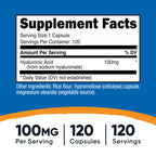 Nutricost Hyaluronic Acid supplement bottle back label with ingredients and facts