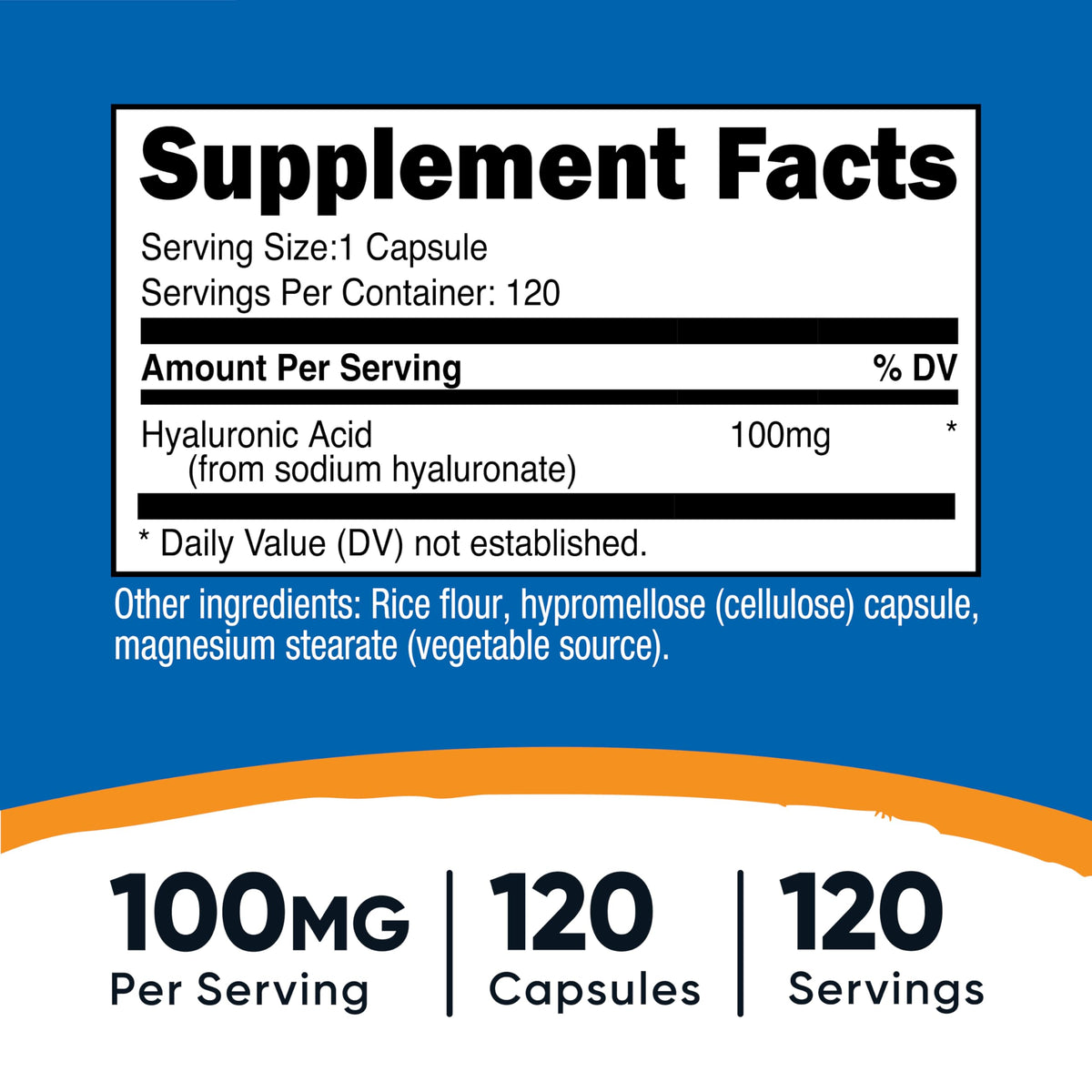 Nutricost Hyaluronic Acid supplement bottle back label with ingredients and facts