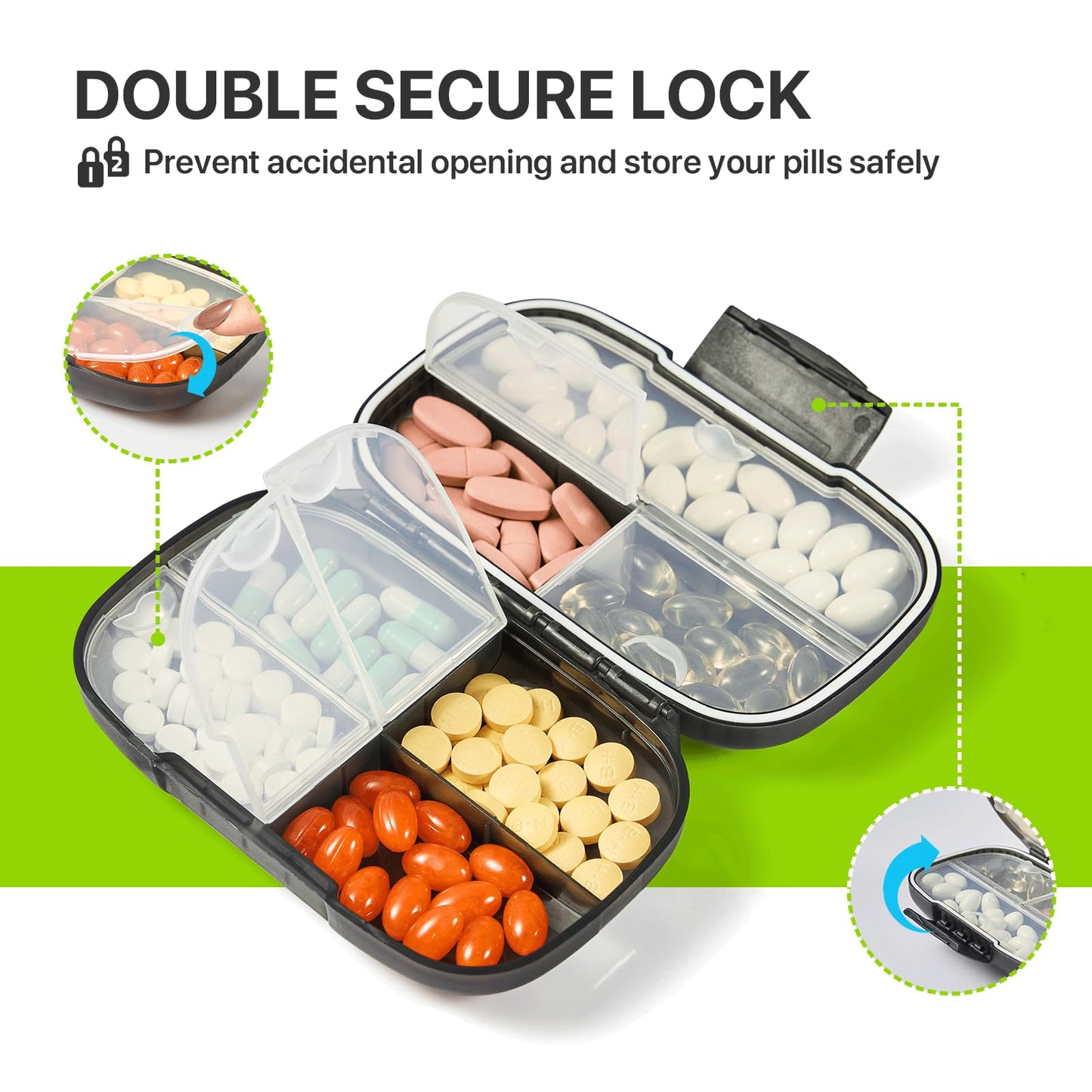Sukuos daily supplement case demonstrating the dual lock secure latch system for travel safety
