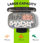 Sukuos compact pill organizer next to a travel bag highlighting its portable dimensions