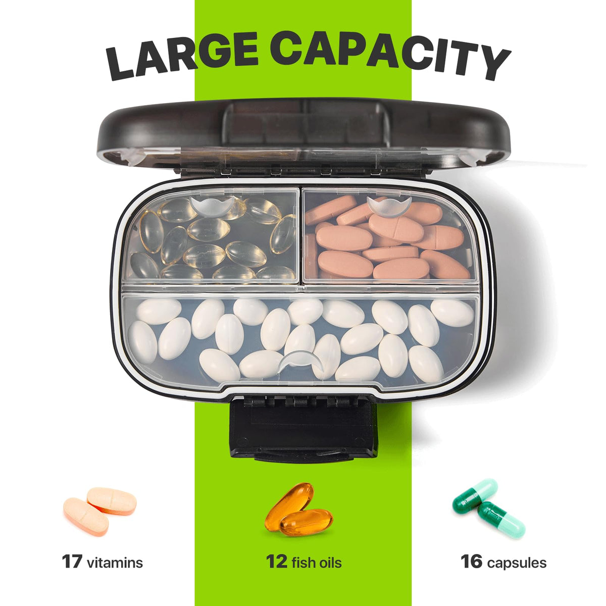 Sukuos compact pill organizer next to a travel bag highlighting its portable dimensions