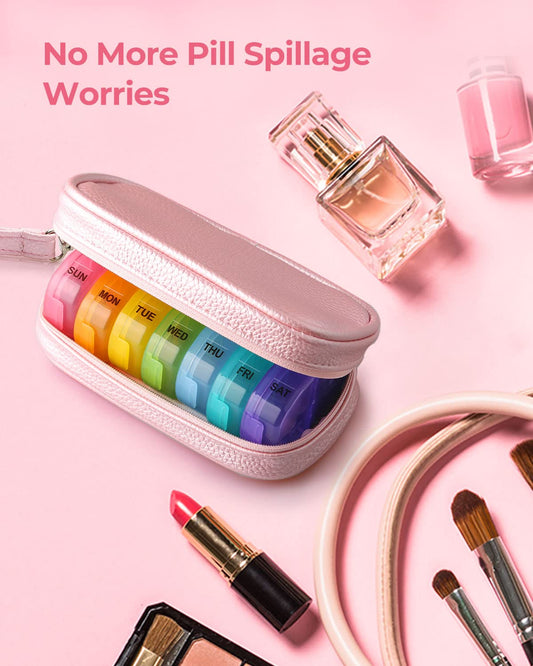 AMOOS weekly medicine tracker unzipped showing seven daily color coded compartments