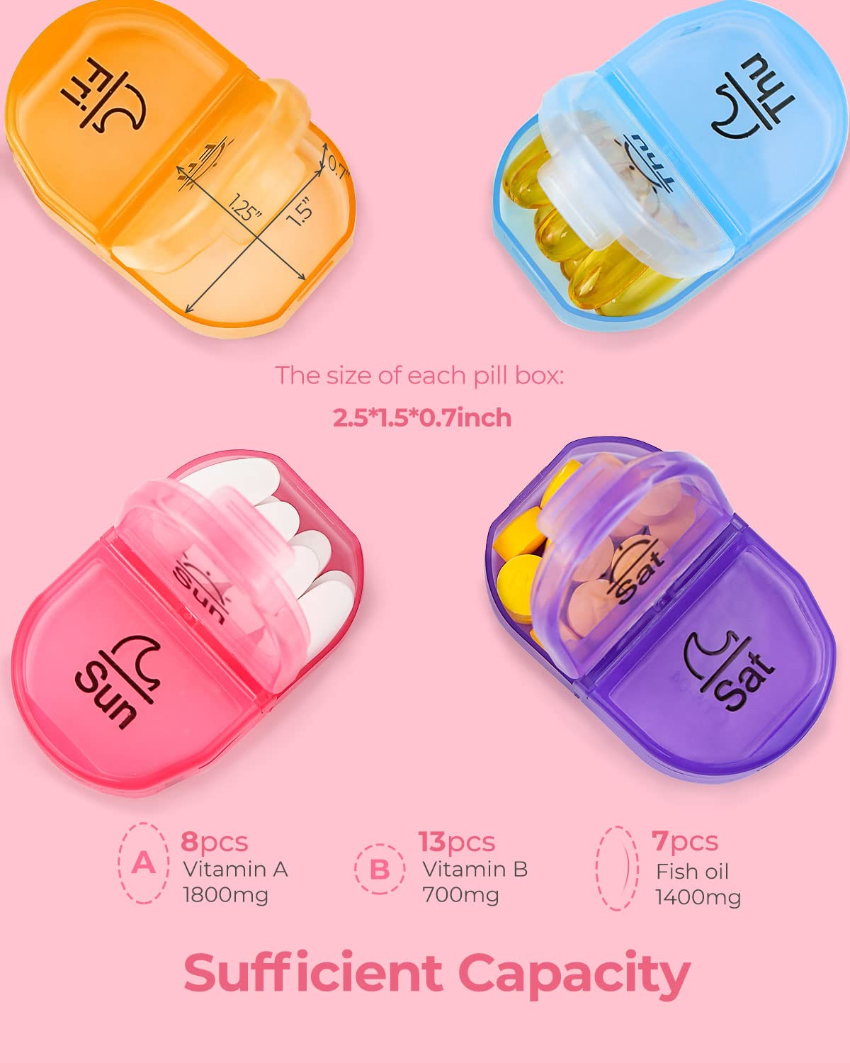 AMOOS portable pill case for women demonstrating morning and evening slots open