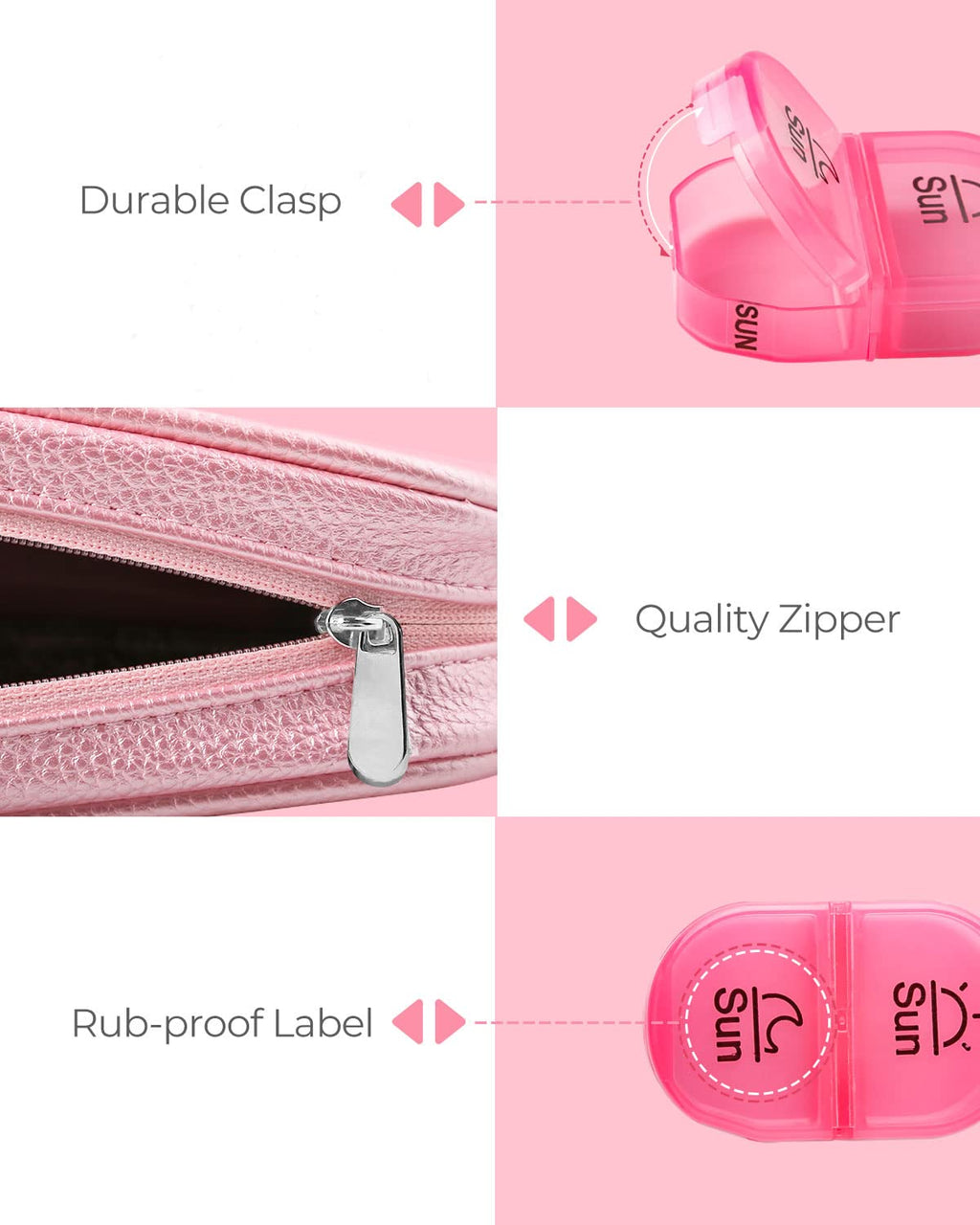 AMOOS daily pill box display emphasizing the food grade BPA free material