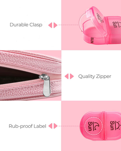 AMOOS daily pill box display emphasizing the food grade BPA free material