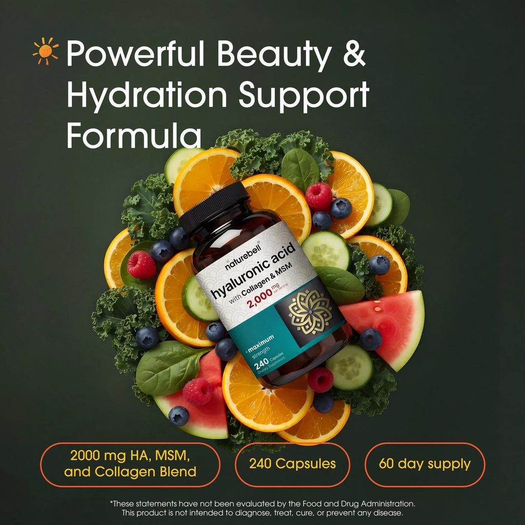 NatureBell Hyaluronic Acid supplement bottle back label with ingredients