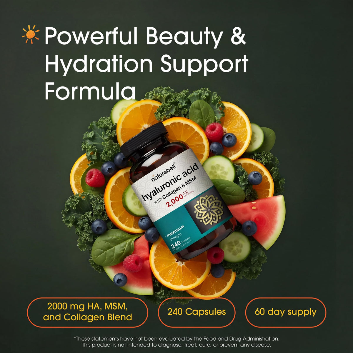 NatureBell Hyaluronic Acid supplement bottle back label with ingredients