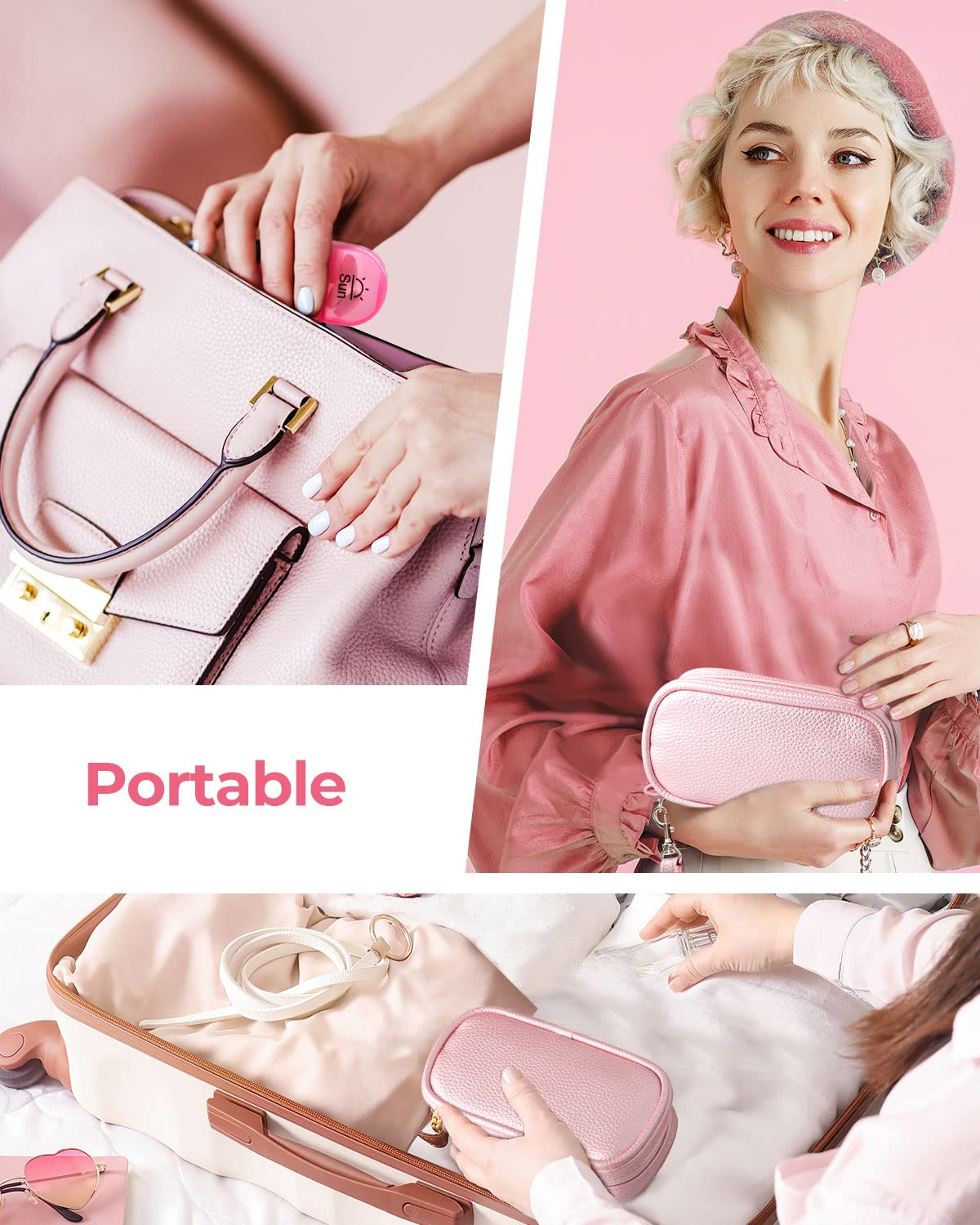 AMOOS lightproof aesthetic medication wallet styled next to standard cosmetic items