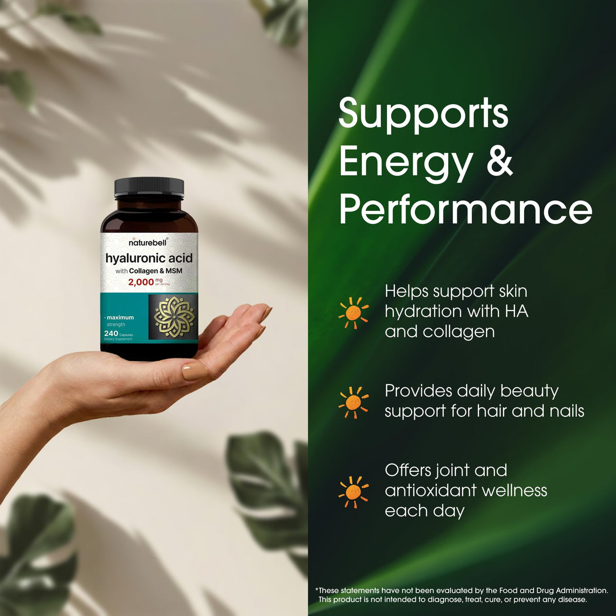 NatureBell Hyaluronic Acid and collagen capsules lifestyle wellness packaging view