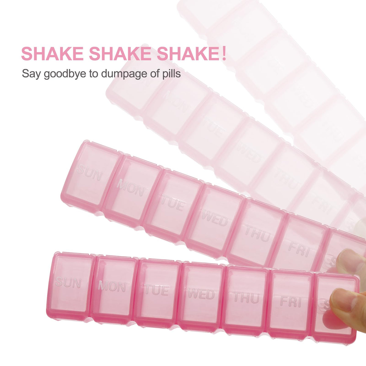 Close up view of the easy open indented flap on the pink weekly supplement container