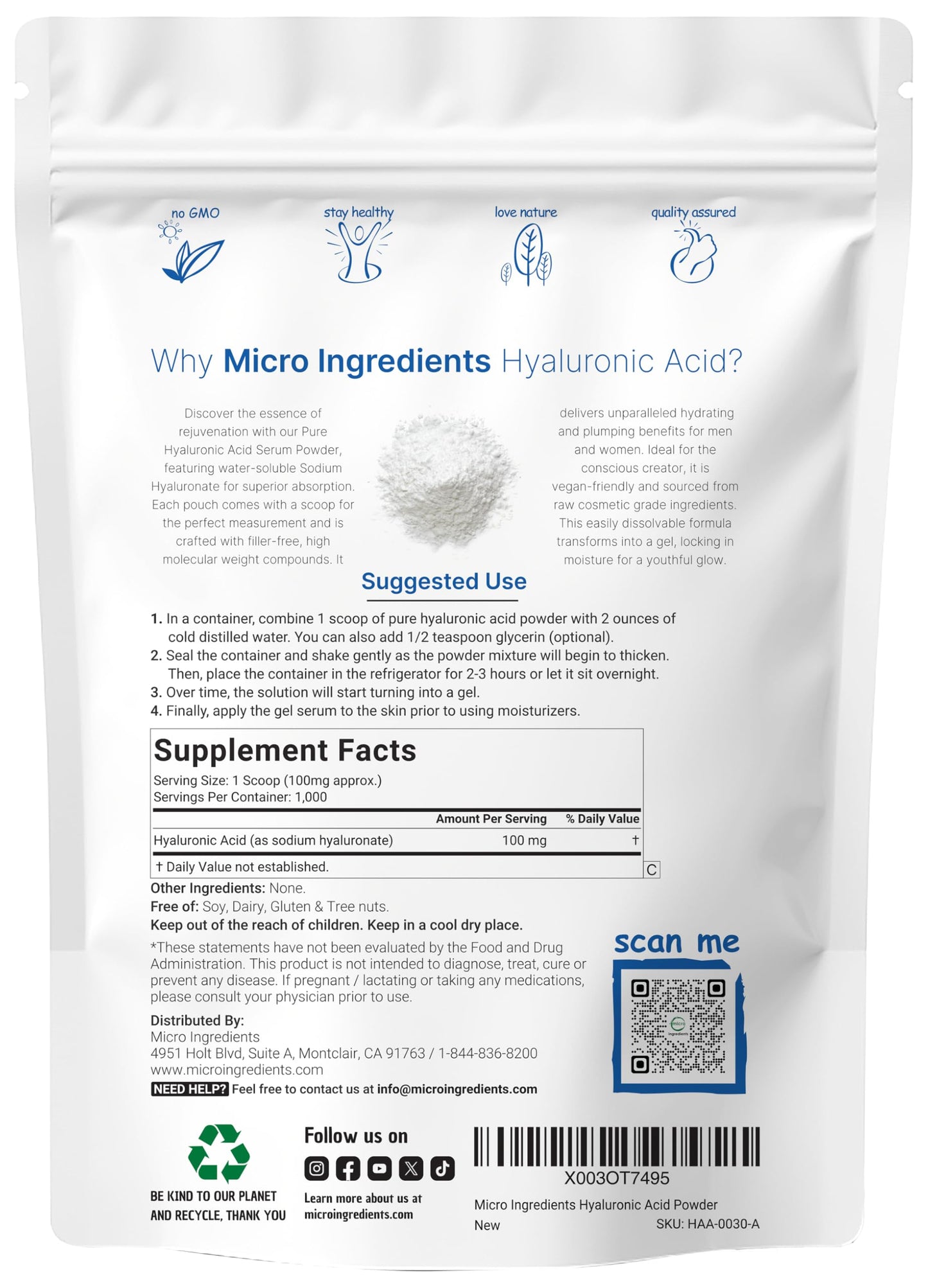 Micro Ingredients Hyaluronic Acid Serum Powder 100 grams pouch