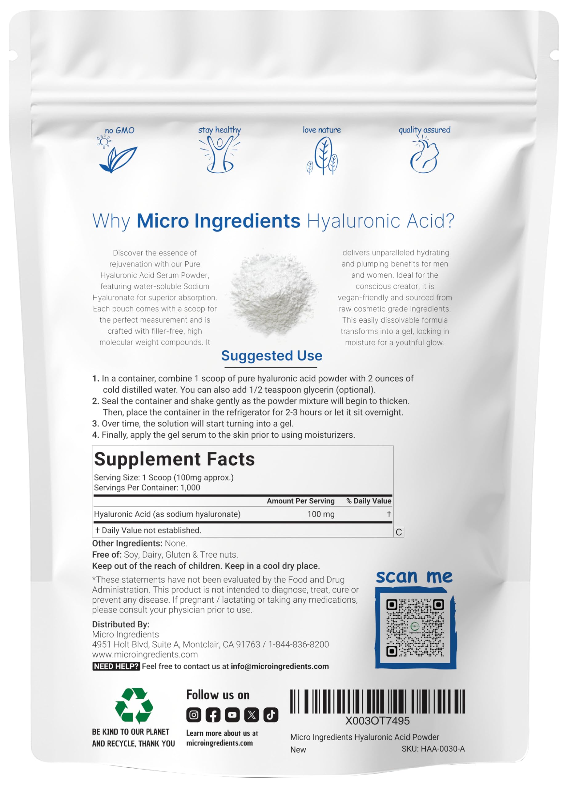 Micro Ingredients Hyaluronic Acid Serum Powder 100 grams pouch