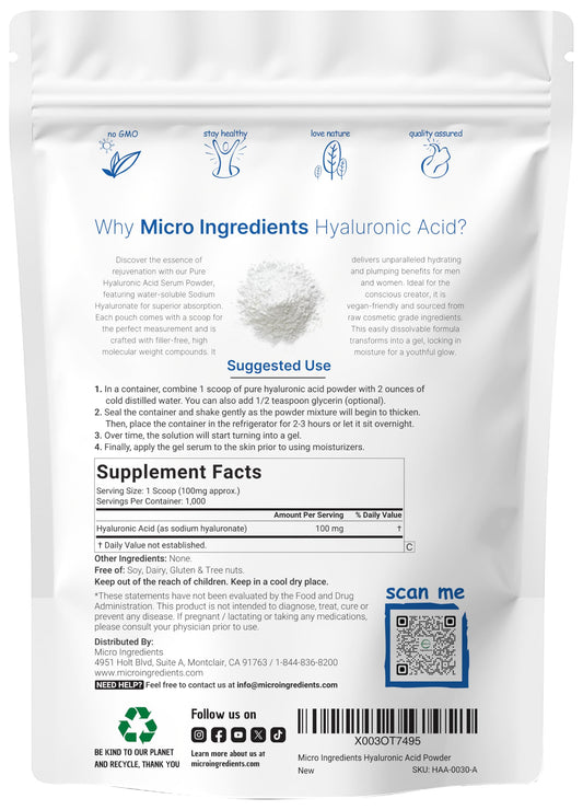 Micro Ingredients Hyaluronic Acid Serum Powder 100 grams pouch