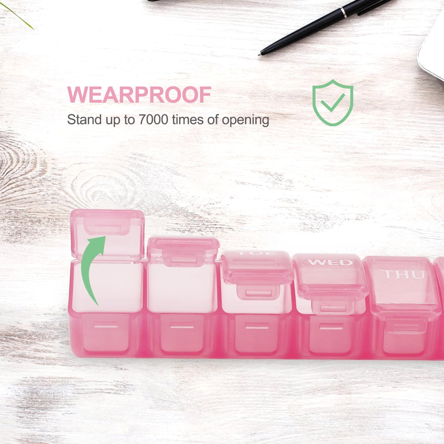 BPA free food grade pink vitamin storage organizer case showcasing its large capacity