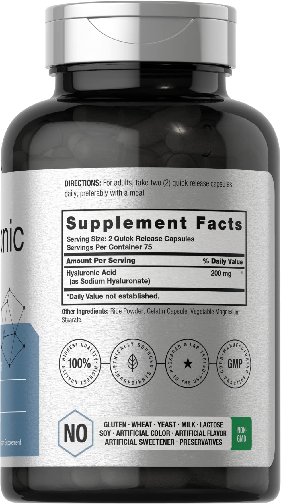 Horbäach Hyaluronic Acid Supplement Bottle Nutrition Facts Label