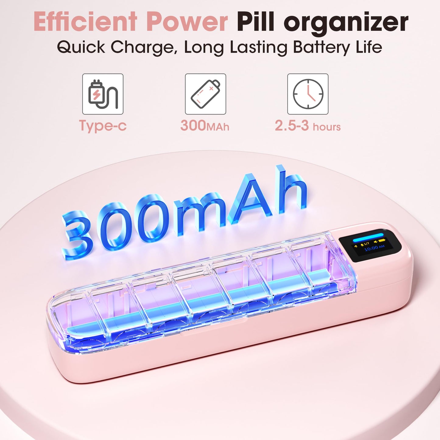 Daviky pink automated pill dispenser packaging displaying rechargeable battery feature