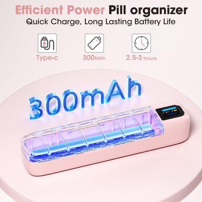 Daviky pink automated pill dispenser packaging displaying rechargeable battery feature