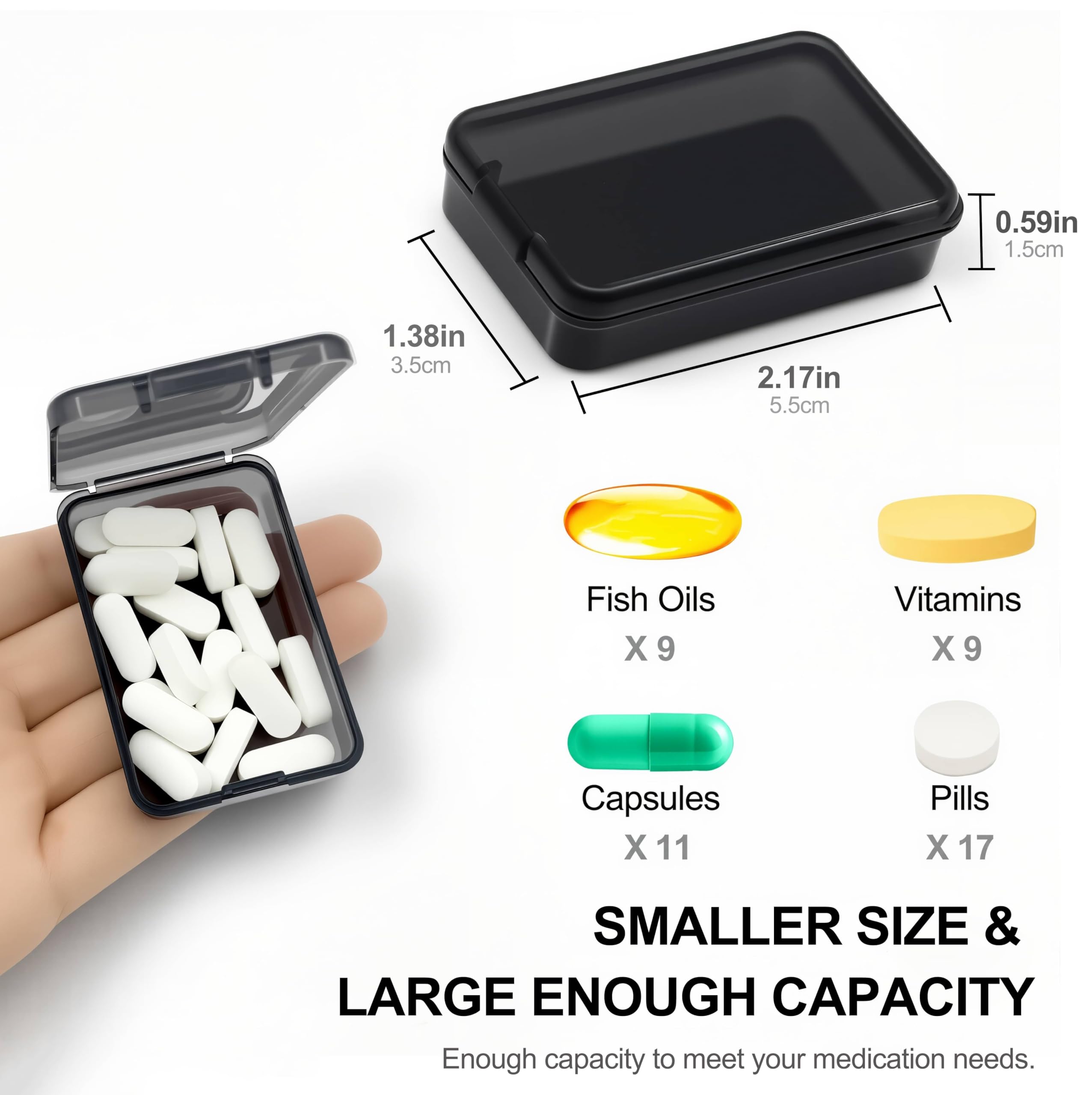 Mini clear plastic travel medication storage containers open with vitamins inside.