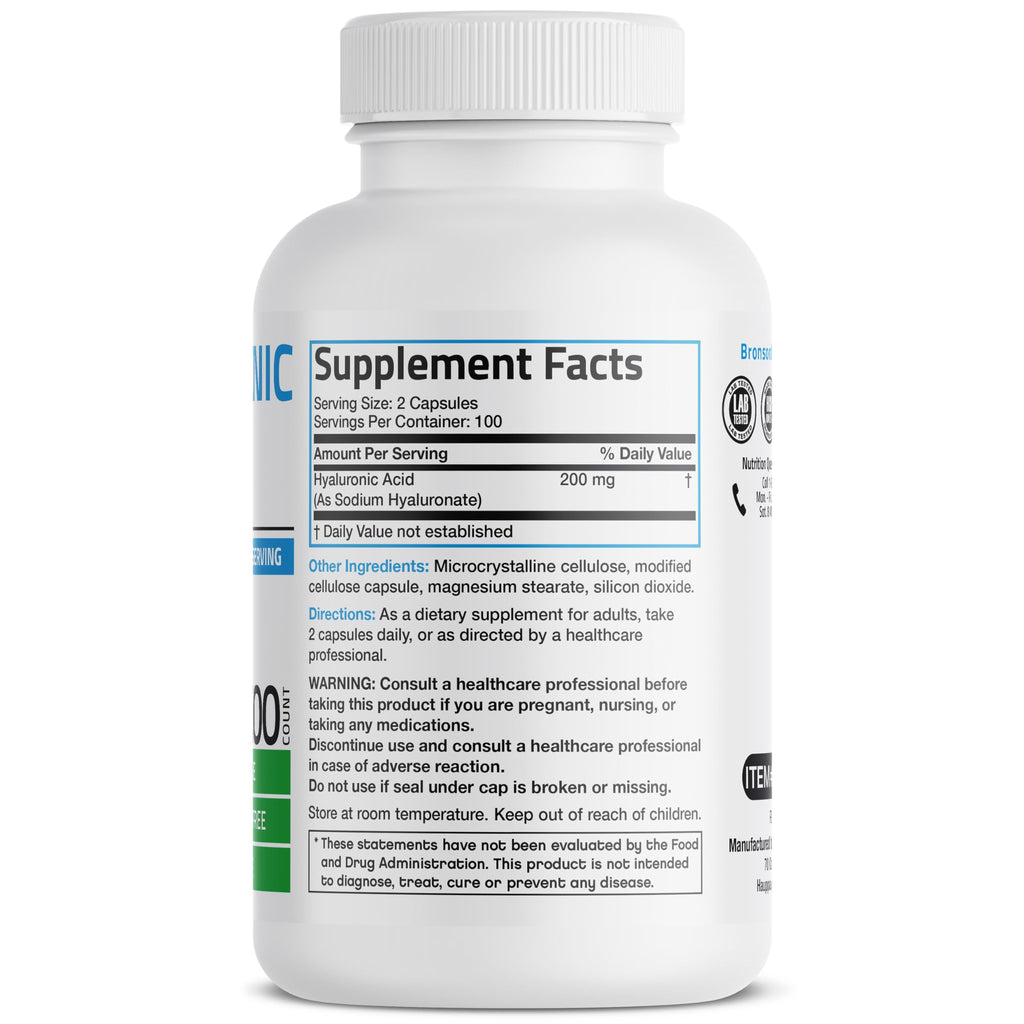 Bronson Hyaluronic Acid supplement bottle back label details
