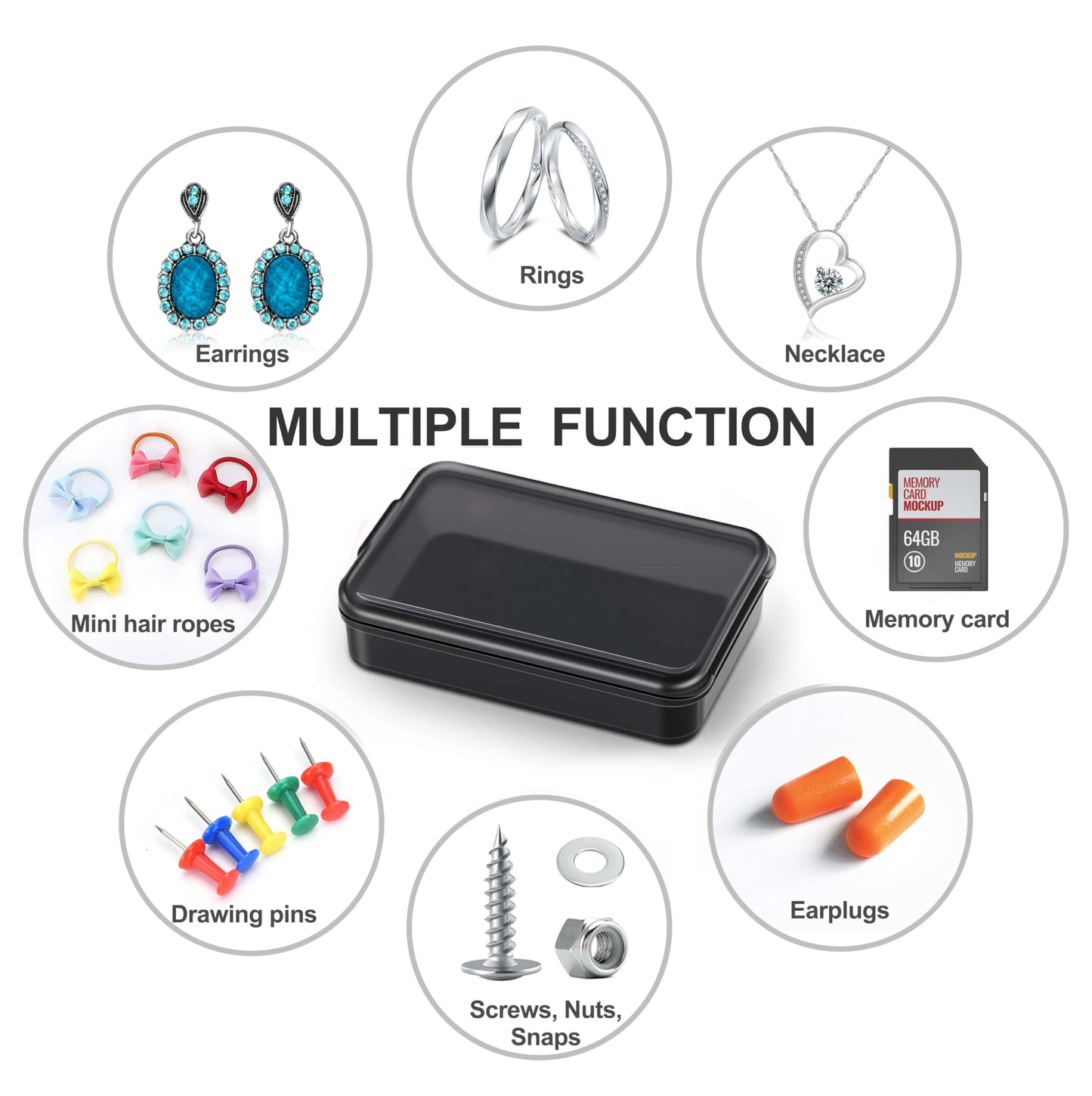Compact black rectangular pill boxes holding small jewelry items like earrings.